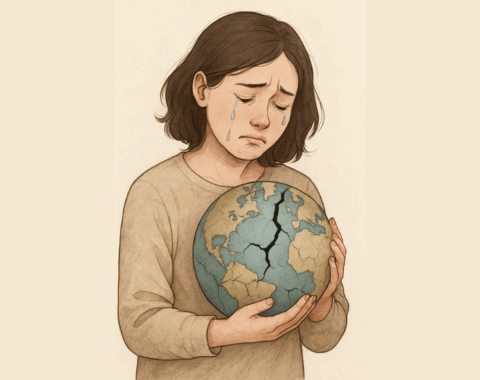 A young neurodivergent woman with shoulder-length dark hair holds a cracked Earth in her hands, gently crying. She wears a beige sweater and looks down with sadness, symbolising emotional pain (weltschmerz) about the state of the world.