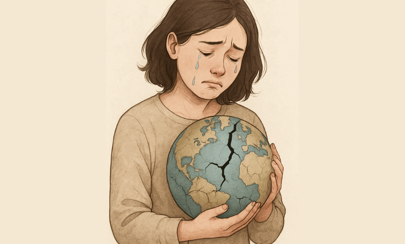 A young neurodivergent woman with shoulder-length dark hair holds a cracked Earth in her hands, gently crying. She wears a beige sweater and looks down with sadness, symbolising emotional pain (weltschmerz) about the state of the world.