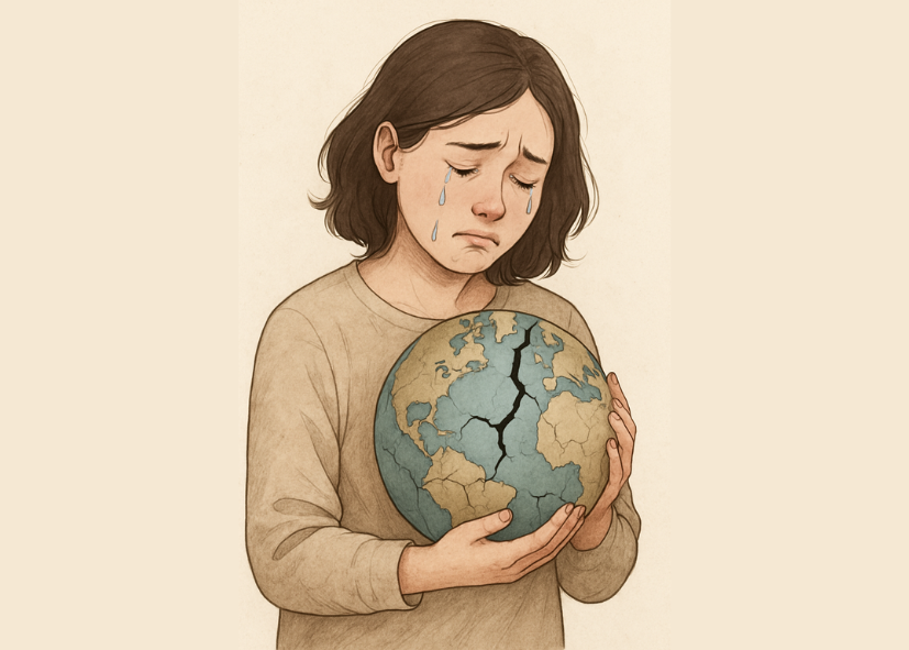 A young neurodivergent woman with shoulder-length dark hair holds a cracked Earth in her hands, gently crying. She wears a beige sweater and looks down with sadness, symbolising emotional pain (weltschmerz) about the state of the world.