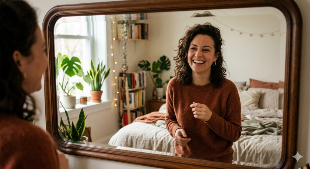 woman looking at herself in the mirror as a friend