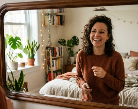 woman looking at herself in the mirror as a friend